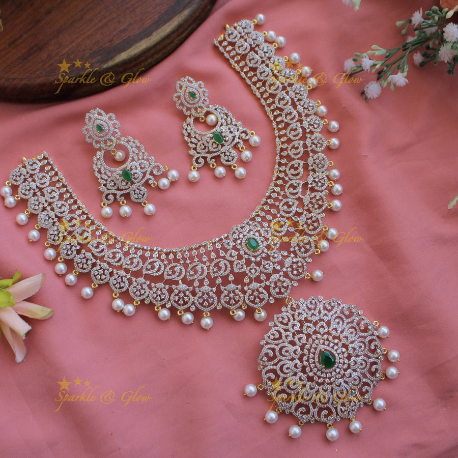 Elegant flower leaflet design American diamond Short necklace with AD Ruby - pink - Sparkle and Glow - Green - Back Thread