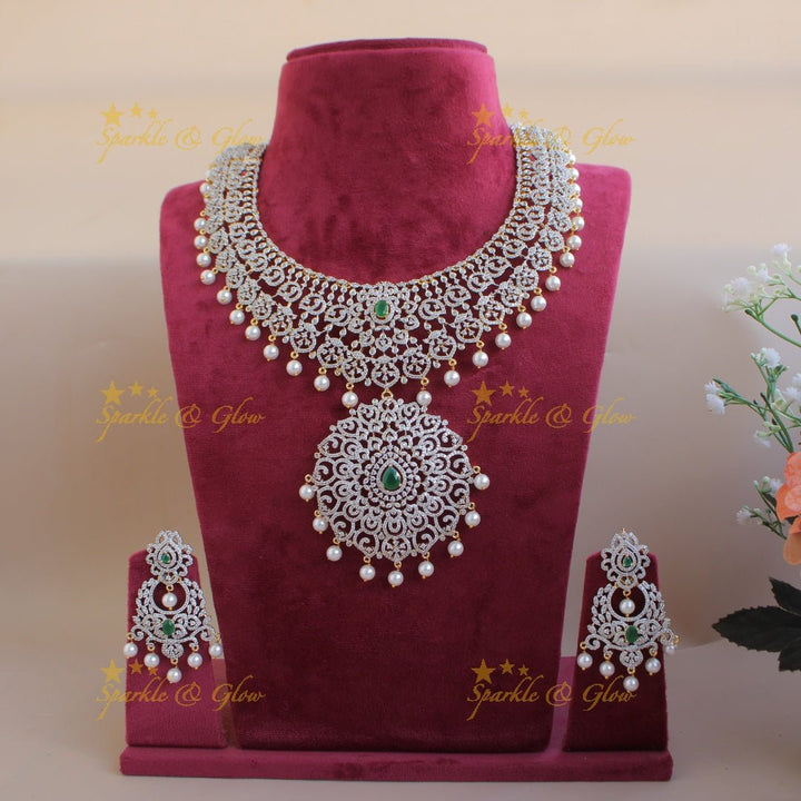 Elegant flower leaflet design American diamond Short necklace with AD Ruby - pink - Sparkle and Glow - Pink - Back Thread