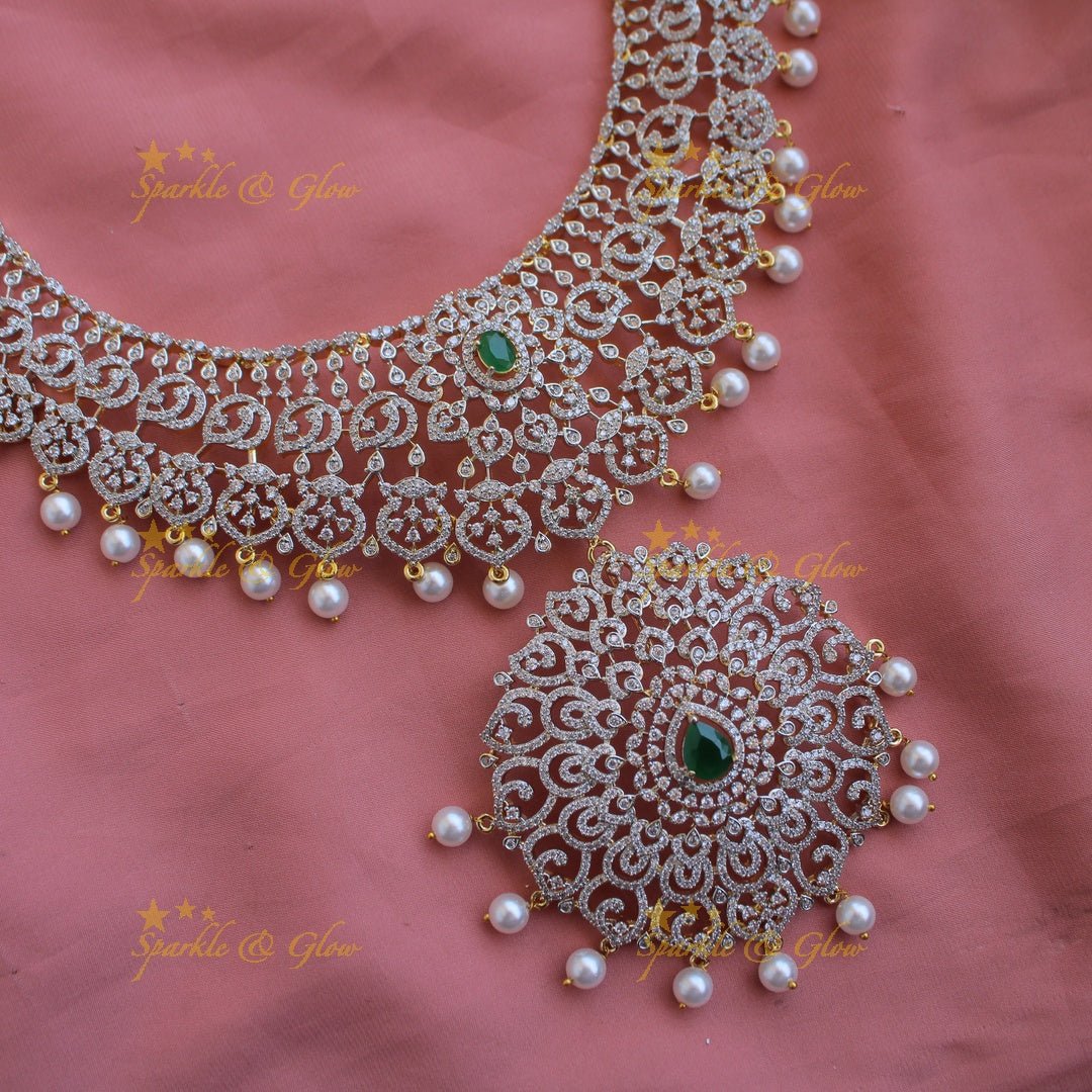 Elegant flower leaflet design American diamond Short necklace with AD Ruby - pink - Sparkle and Glow - Pink - Back Thread