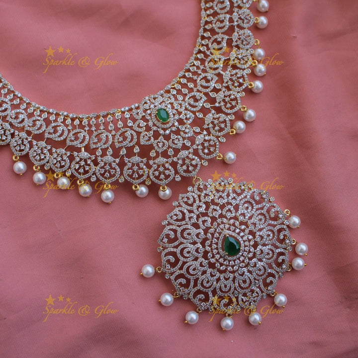 Elegant flower leaflet design American diamond Short necklace with AD Ruby - pink - Sparkle and Glow - Pink - Back Thread