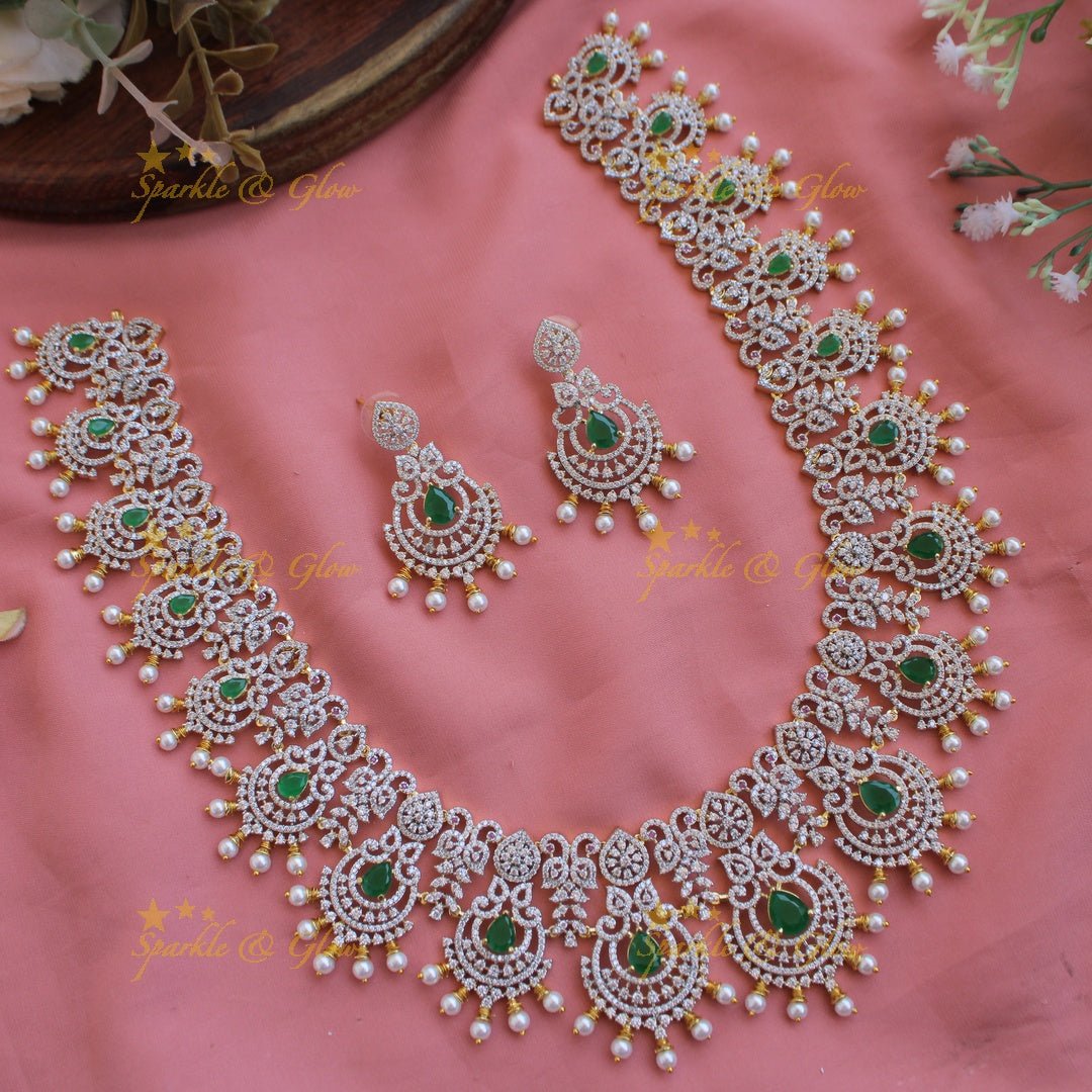 Grand intricate floral peacock American diamond long necklace with green stones and pearls - Sparkle and Glow - Green - Back Thread