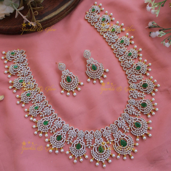 Grand intricate floral peacock American diamond long necklace with green stones and pearls - Sparkle and Glow - Green - Back Thread