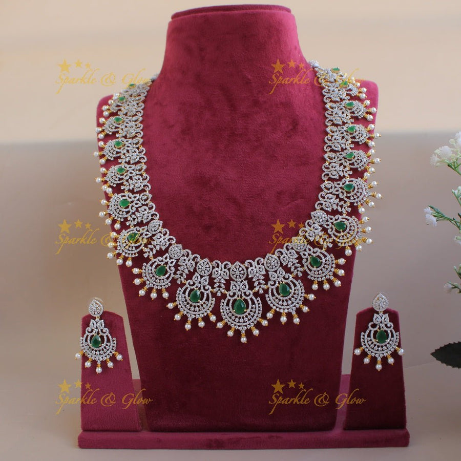 Grand intricate floral peacock American diamond long necklace with green stones and pearls - Sparkle and Glow - Green - Back Thread