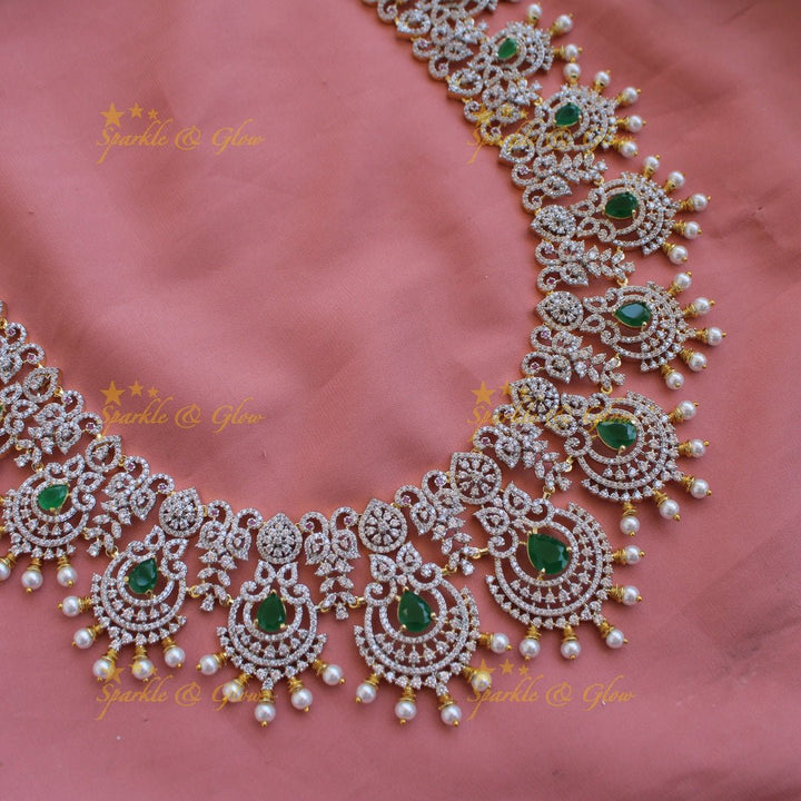 Grand intricate floral peacock American diamond long necklace with green stones and pearls - Sparkle and Glow - Green - Back Thread