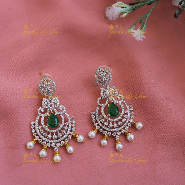 Grand intricate floral peacock American diamond long necklace with green stones and pearls - Sparkle and Glow - Green - Back Thread