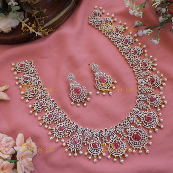 Grand intricate floral peacock American diamond long necklace with green stones and pearls - Sparkle and Glow - Mint green - Back Thread