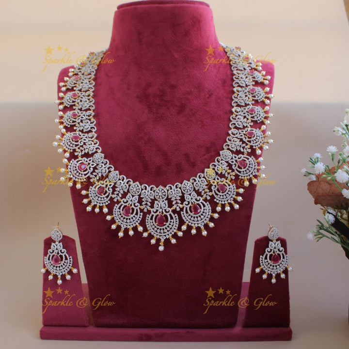 Grand intricate floral peacock American diamond long necklace with green stones and pearls - Sparkle and Glow - Pink - Back Thread