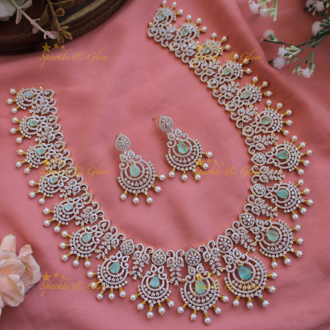 Grand intricate floral peacock American diamond long necklace with green stones and pearls - Sparkle and Glow - Mint green - Back Thread