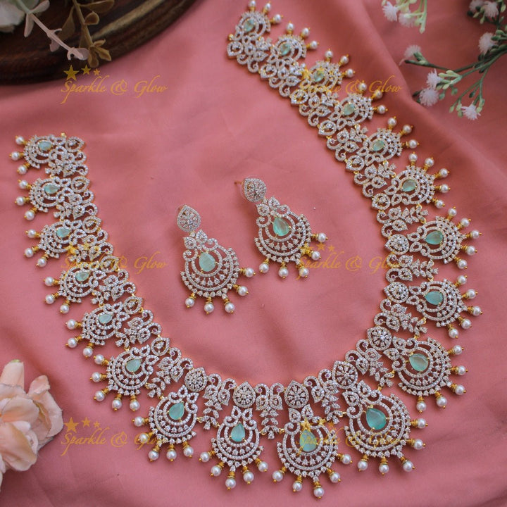 Grand intricate floral peacock American diamond long necklace with green stones and pearls - Sparkle and Glow - Mint green - Back Thread