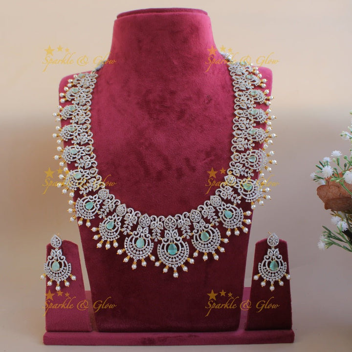 Grand intricate floral peacock American diamond long necklace with green stones and pearls - Sparkle and Glow - Green - Back Thread