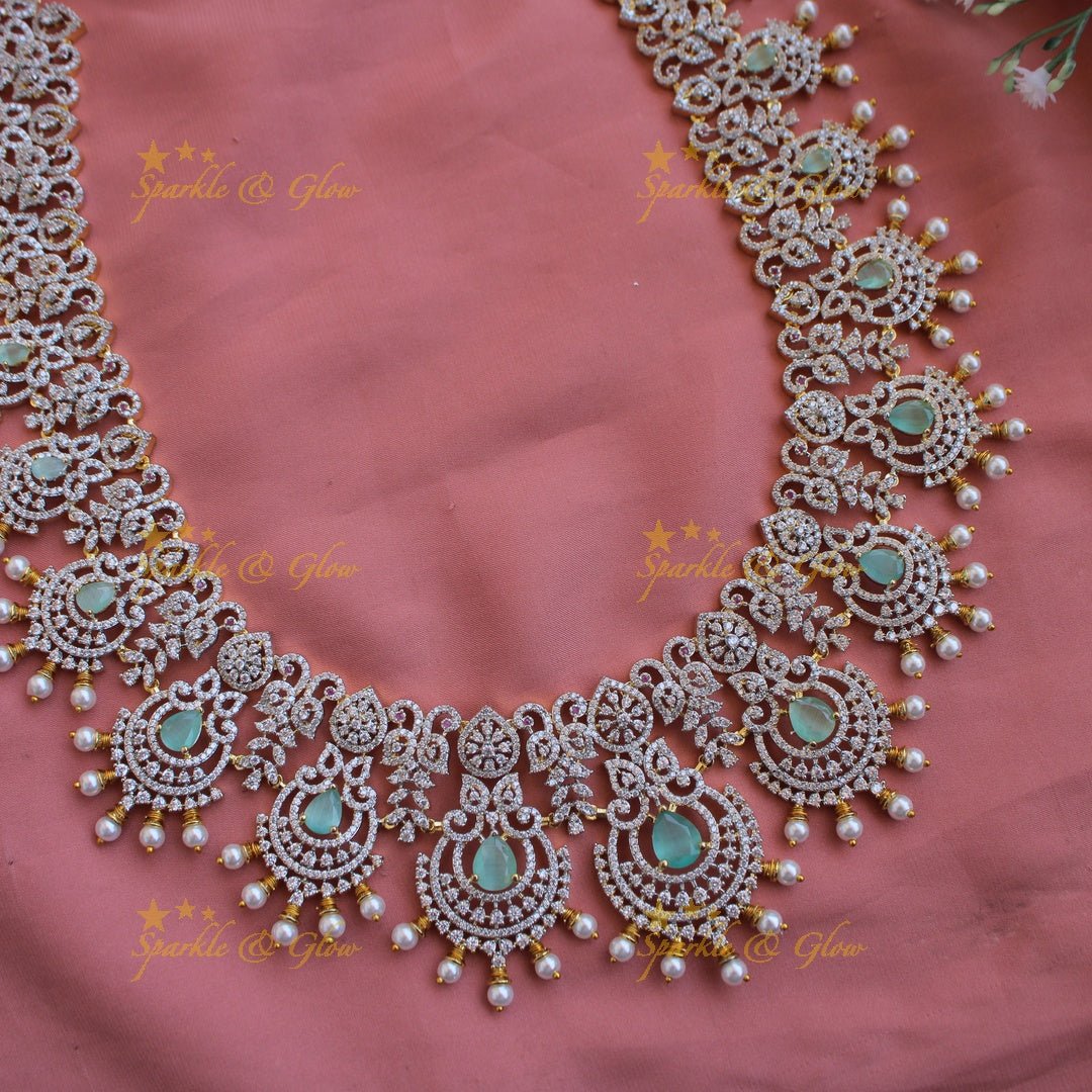 Grand intricate floral peacock American diamond long necklace with green stones and pearls - Sparkle and Glow - Baby pink - Back Thread