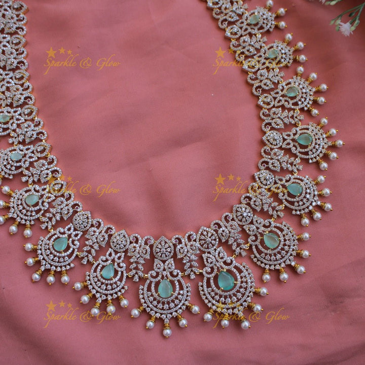 Grand intricate floral peacock American diamond long necklace with green stones and pearls - Sparkle and Glow - Baby pink - Back Thread