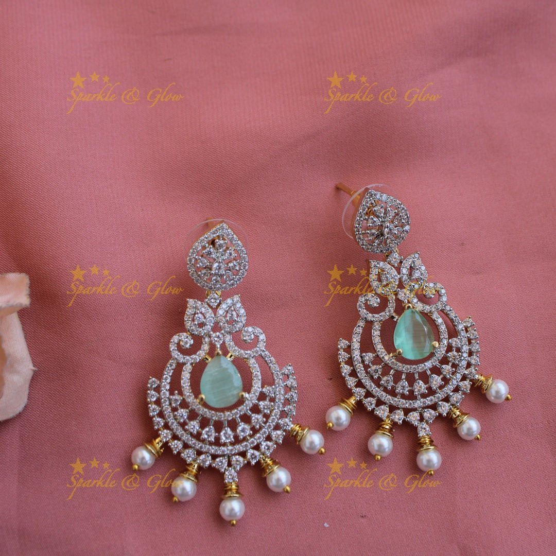 Grand intricate floral peacock American diamond long necklace with green stones and pearls - Sparkle and Glow - Green - Back Thread