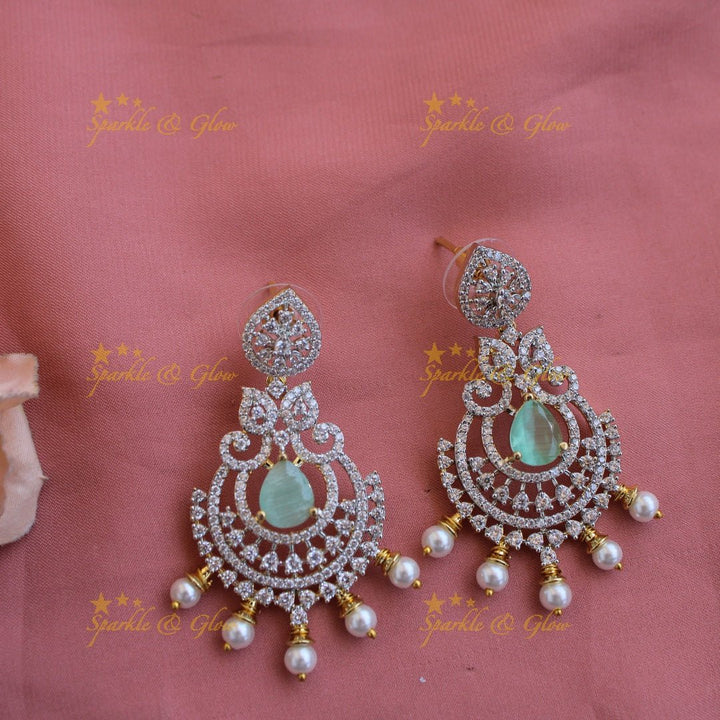 Grand intricate floral peacock American diamond long necklace with green stones and pearls - Sparkle and Glow - Green - Back Thread