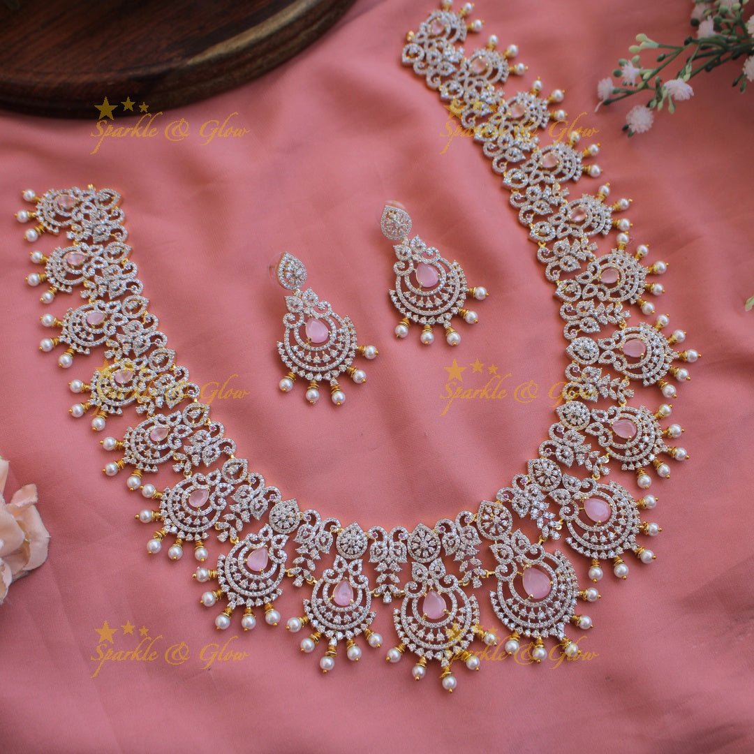 Grand intricate floral peacock American diamond long necklace with green stones and pearls - Sparkle and Glow - Mint green - Back Thread