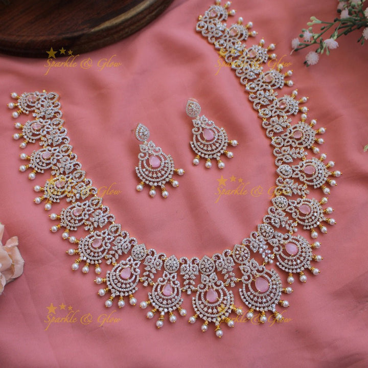 Grand intricate floral peacock American diamond long necklace with green stones and pearls - Sparkle and Glow - Mint green - Back Thread