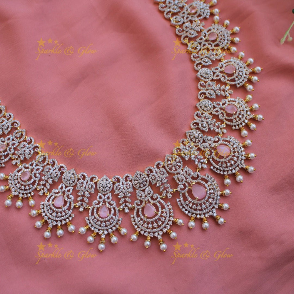 Grand intricate floral peacock American diamond long necklace with green stones and pearls - Sparkle and Glow - Baby pink - Back Thread