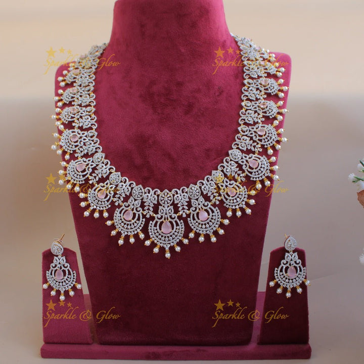 Grand intricate floral peacock American diamond long necklace with green stones and pearls - Sparkle and Glow - Green - Back Thread