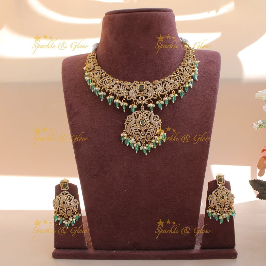 Statement Peacock lotus design victorian AD short necklace with pearls green stones and green beads - Sparkle and Glow - Green - Back Thread