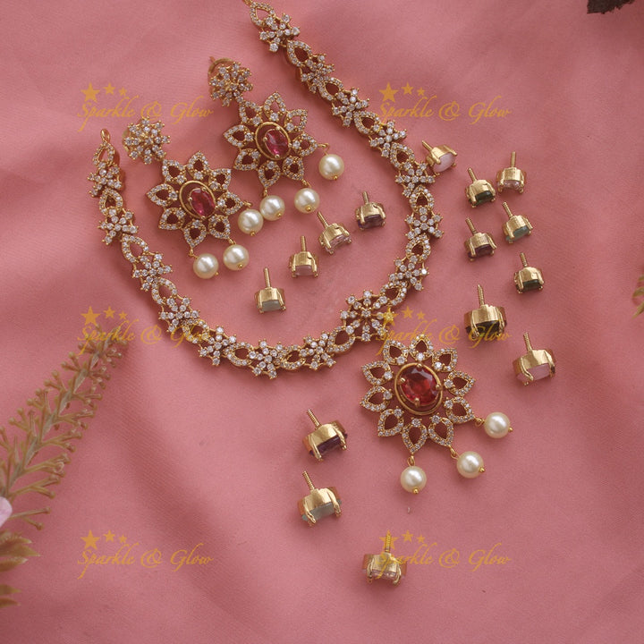 Beautiful Floral and heart design AD short necklace with 4 interchangeable stone and pearl drops