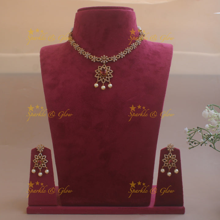 Beautiful Floral and heart design AD short necklace with 4 interchangeable stone and pearl drops