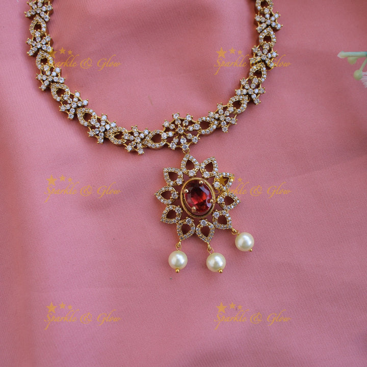 Beautiful Floral and heart design AD short necklace with 4 interchangeable stone and pearl drops