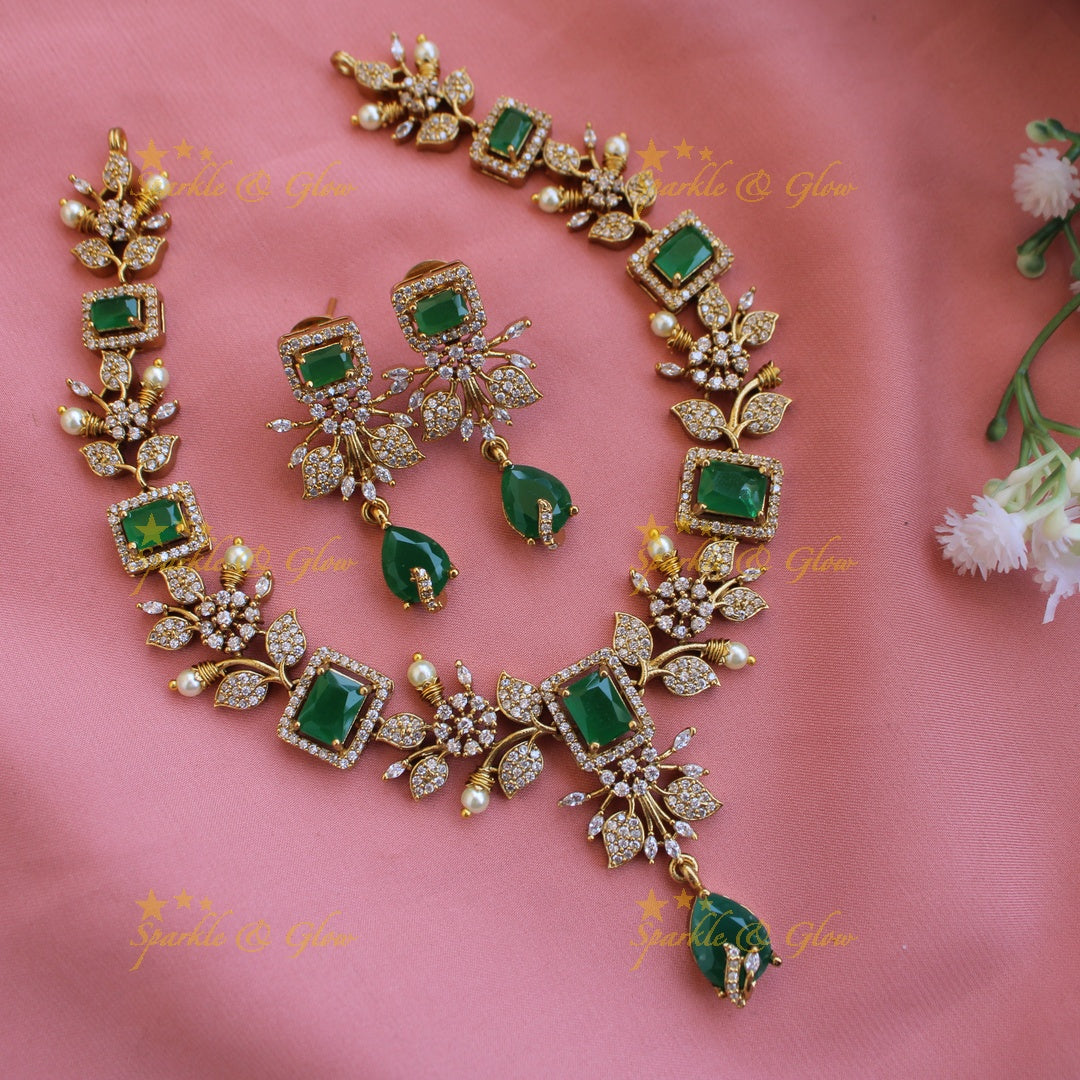 Elegant Floral and leaf design AD short necklace with pearls and stones - Pink Green