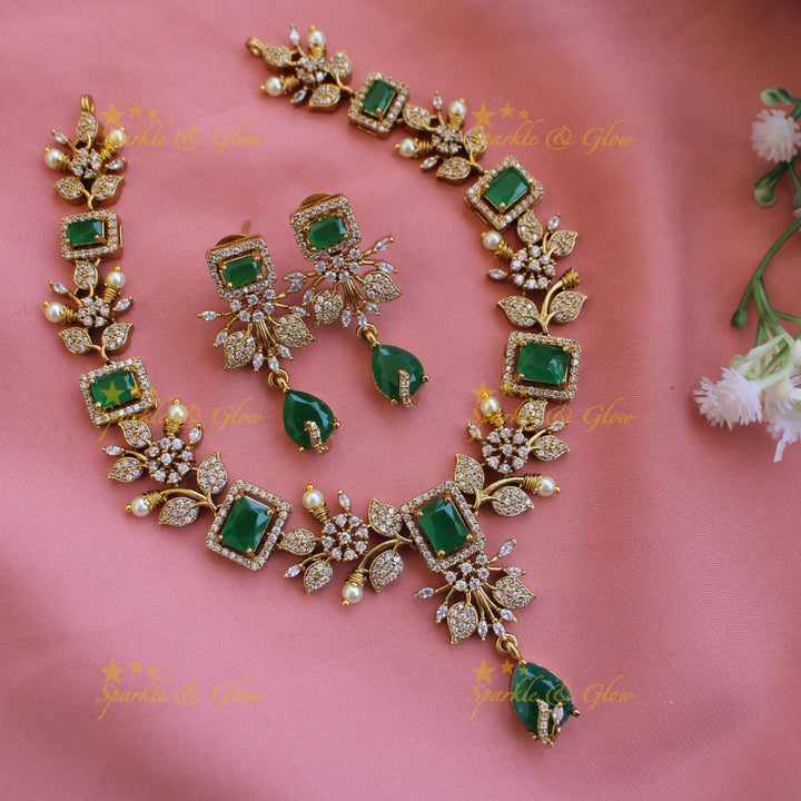 Elegant Floral and leaf design AD short necklace with pearls and stones - Pink Green