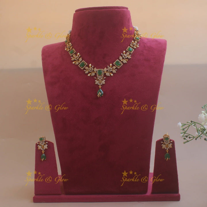 Elegant Floral and leaf design AD short necklace with pearls and ruby stones - pink - Sparkle and Glow - Pink - Back Thread