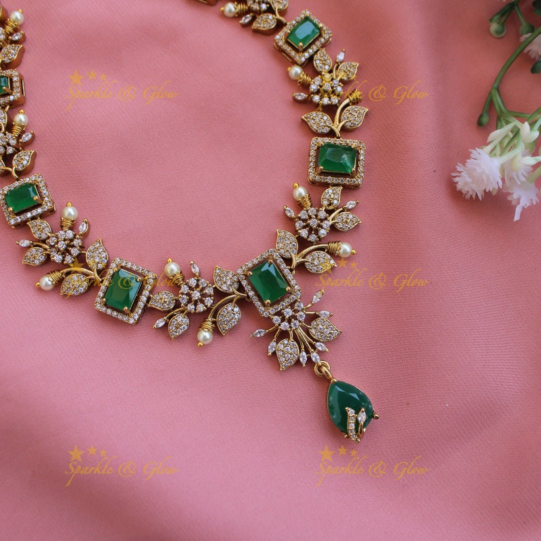 Elegant Floral and leaf design AD short necklace with pearls and ruby stones - pink - Sparkle and Glow - Green - Back Thread