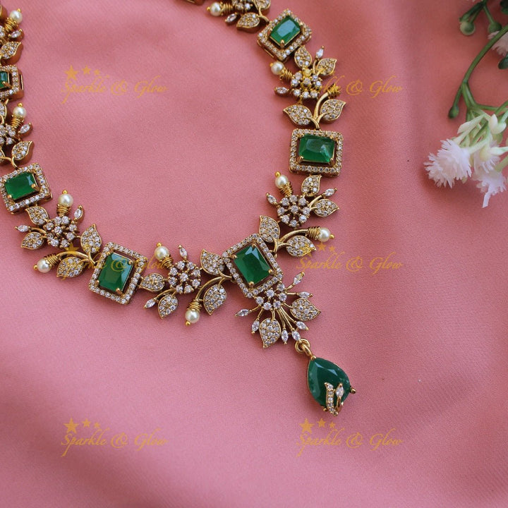 Elegant Floral and leaf design AD short necklace with pearls and ruby stones - pink - Sparkle and Glow - Green - Back Thread