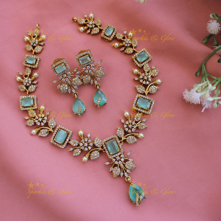 Elegant Floral and leaf design AD short necklace with pearls and stones - Pink Green