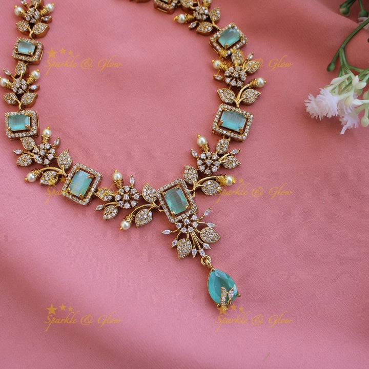 Elegant Floral and leaf design AD short necklace with pearls and ruby stones - pink - Sparkle and Glow - Pink - Back Thread