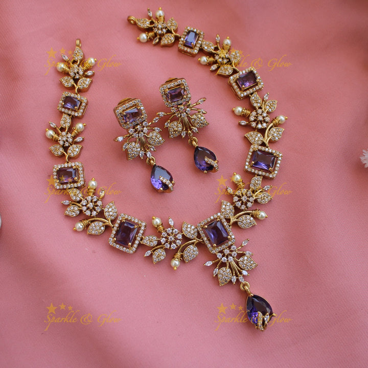 Elegant Floral and leaf design AD short necklace with pearls and stones - Pink Green