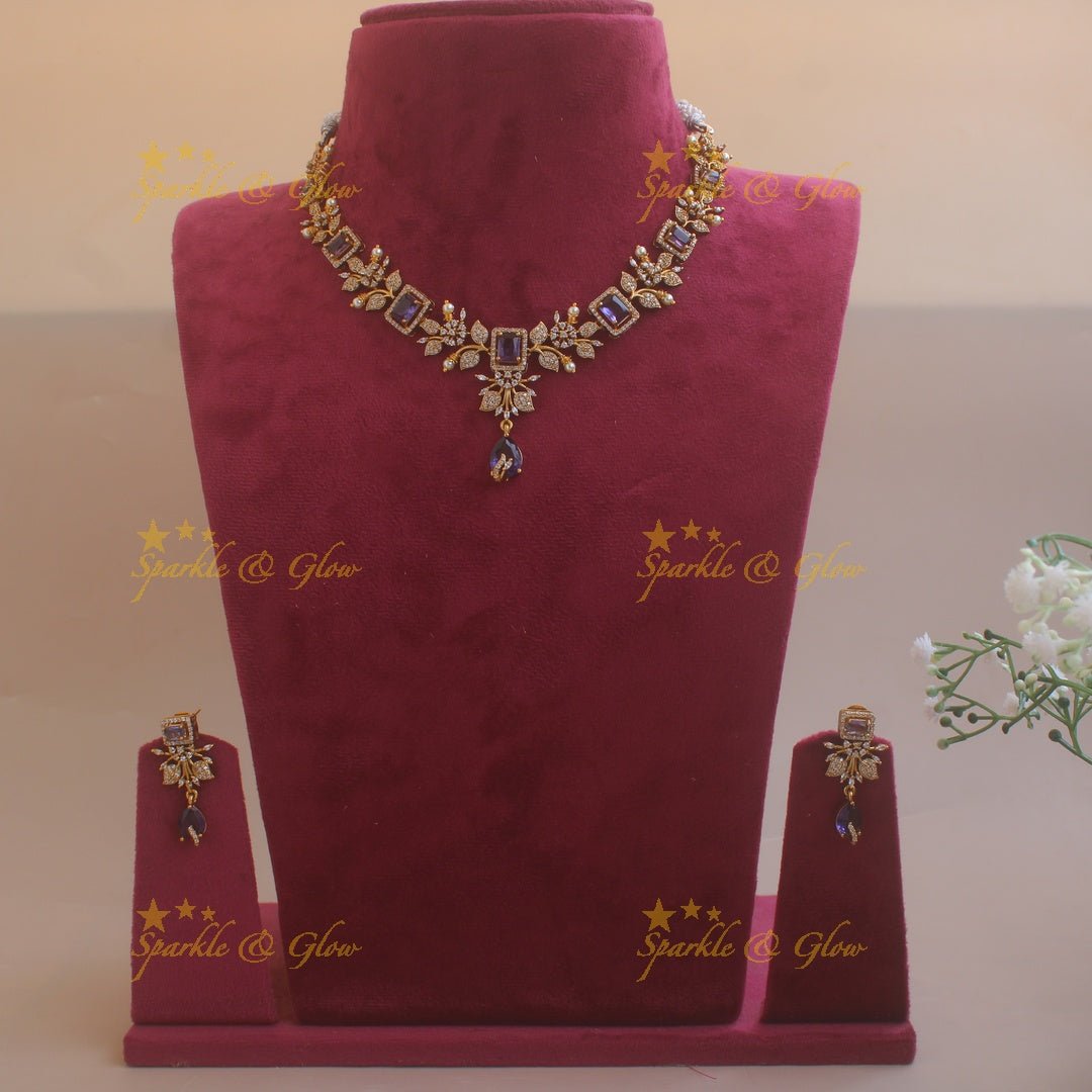 Elegant Floral and leaf design AD short necklace with pearls and ruby stones - pink - Sparkle and Glow - Purple - Back Thread