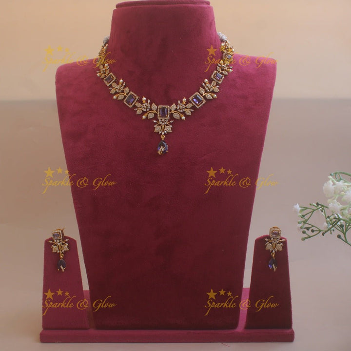 Elegant Floral and leaf design AD short necklace with pearls and ruby stones - pink - Sparkle and Glow - Purple - Back Thread