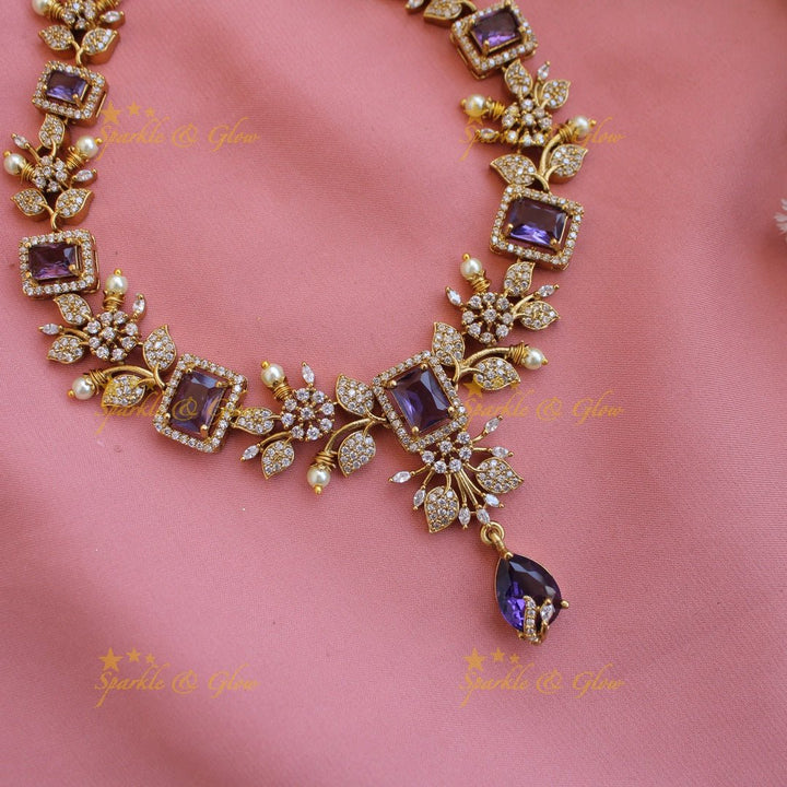 Elegant Floral and leaf design AD short necklace with pearls and ruby stones - pink - Sparkle and Glow - Babypink - Back Thread
