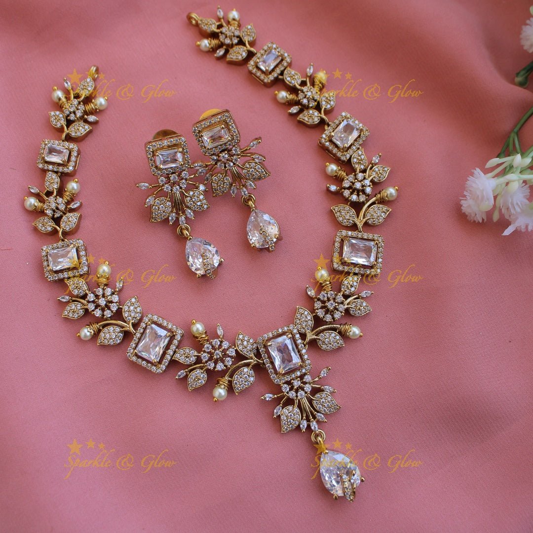 Elegant Floral and leaf design AD short necklace with pearls and ruby stones - pink - Sparkle and Glow - White - Back Thread