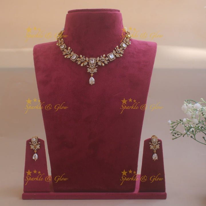 Elegant Floral and leaf design AD short necklace with pearls and ruby stones - pink - Sparkle and Glow - Pink - Back Thread