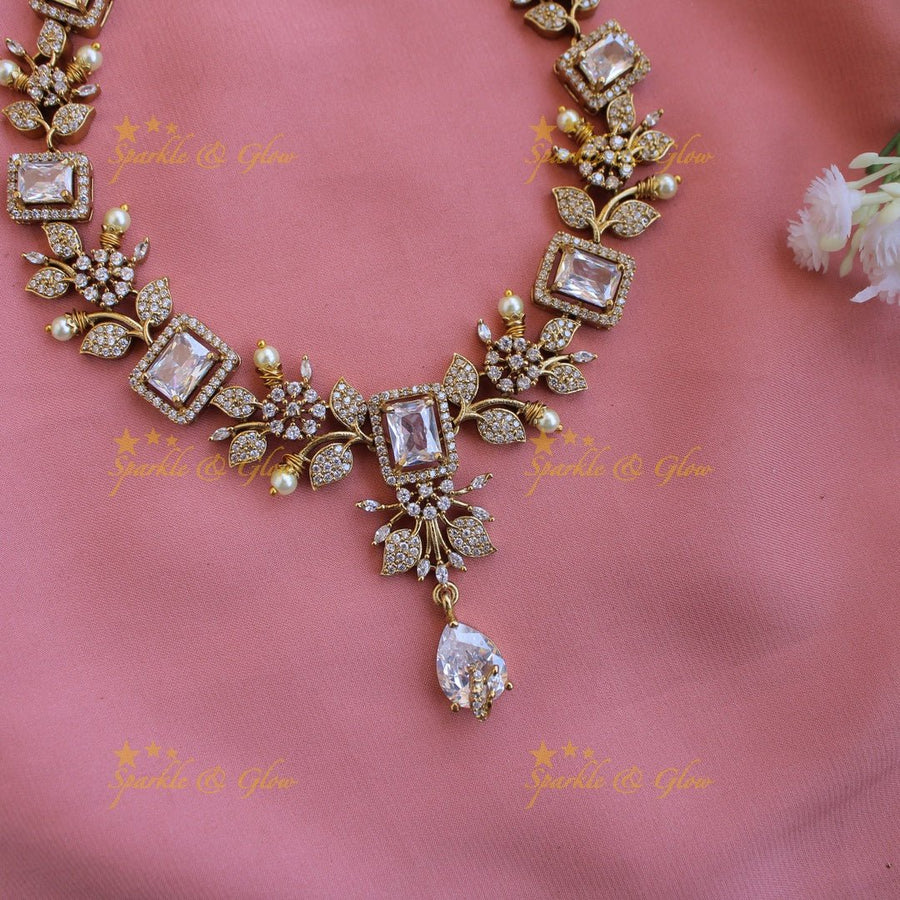 Elegant Floral and leaf design AD short necklace with pearls and ruby stones - pink - Sparkle and Glow - Green - Back Thread