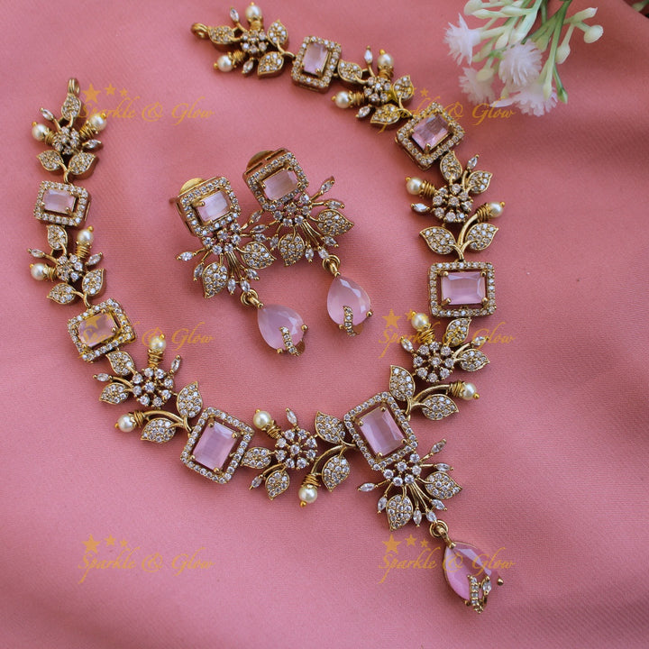 Elegant Floral and leaf design AD short necklace with pearls and stones - Pink Green