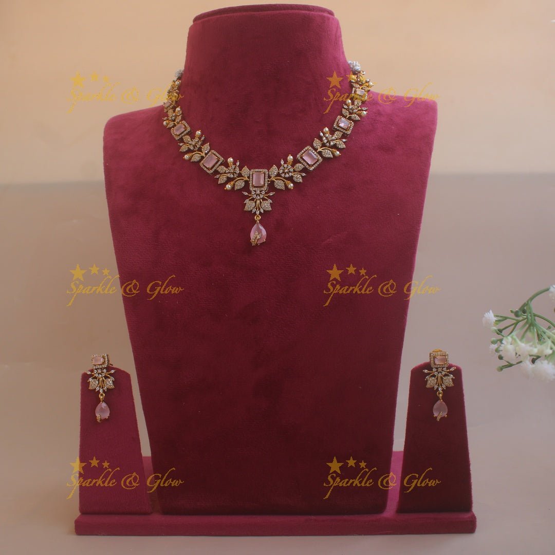 Elegant Floral and leaf design AD short necklace with pearls and ruby stones - pink - Sparkle and Glow - White - Back Thread