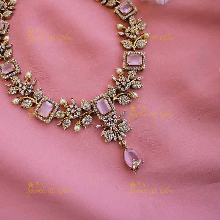Elegant Floral and leaf design AD short necklace with pearls and ruby stones - pink - Sparkle and Glow - Pink - Back Thread