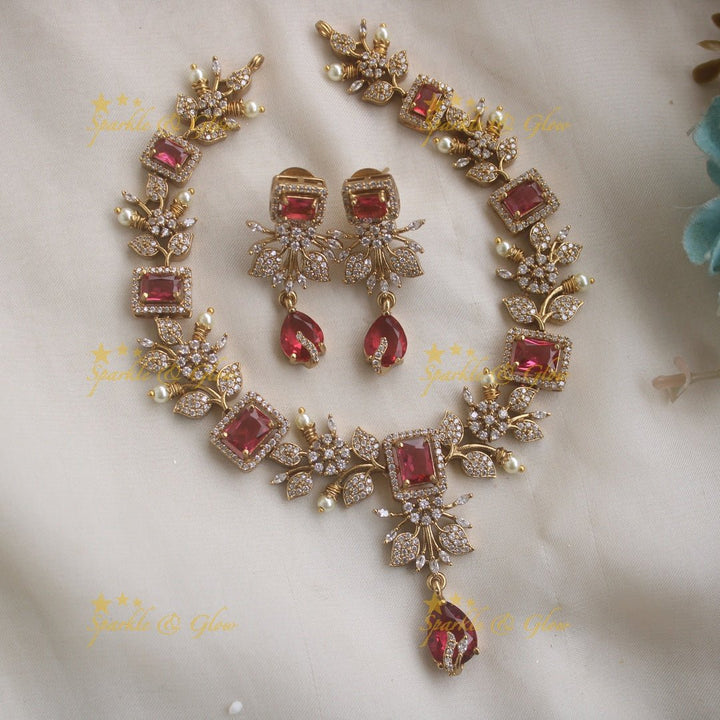 Elegant Floral and leaf design AD short necklace with pearls and ruby stones - pink - Sparkle and Glow - Pink - Back Thread