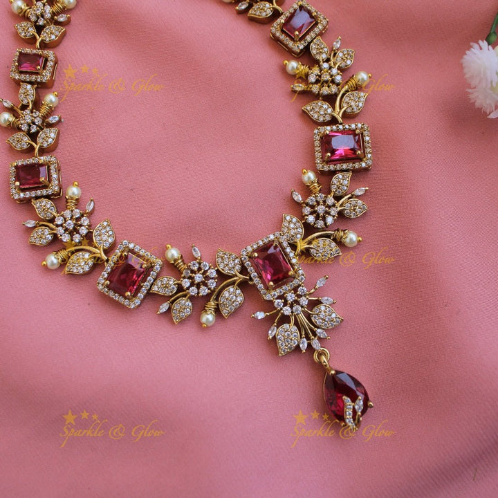 Elegant Floral and leaf design AD short necklace with pearls and ruby stones - pink - Sparkle and Glow - Pink - Back Thread