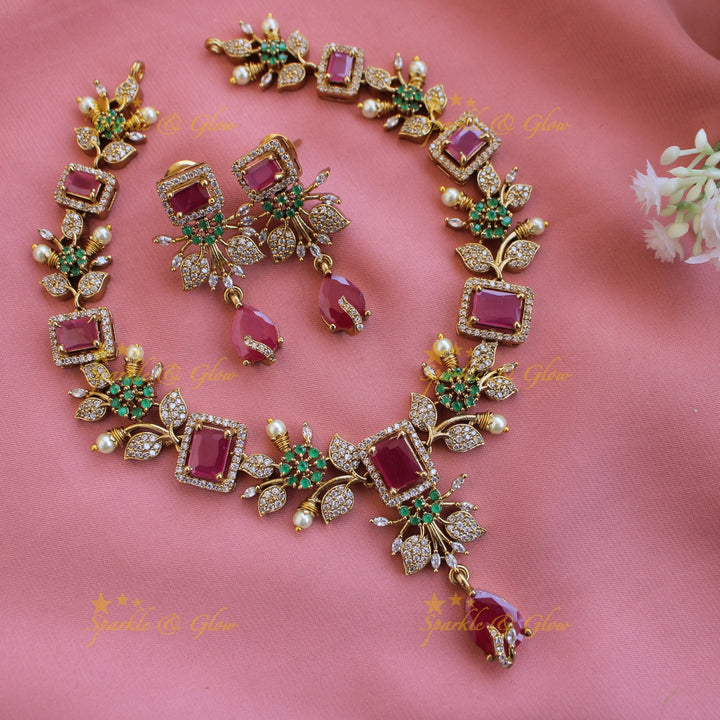 Elegant Floral and leaf design AD short necklace with pearls and stones - Pink Green