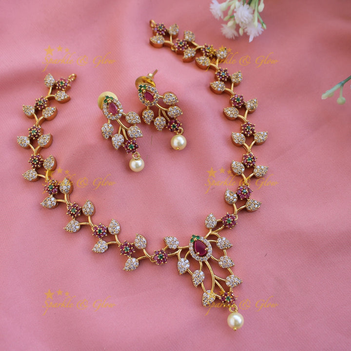 Stunning Floral branch design AD short necklace with ruby emeralds pearl drop