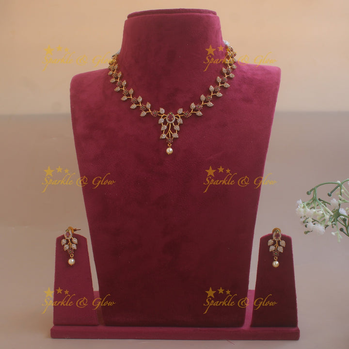 Stunning Floral branch design AD short necklace with ruby emeralds pearl drop