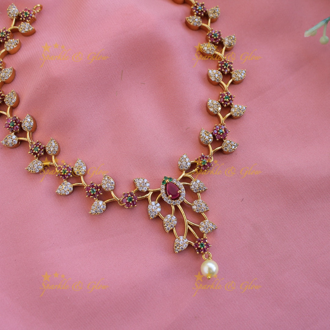 Stunning Floral branch design AD short necklace with ruby emeralds pearl drop