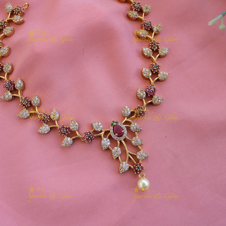 Stunning Floral branch design AD short necklace with ruby emeralds pearl drop